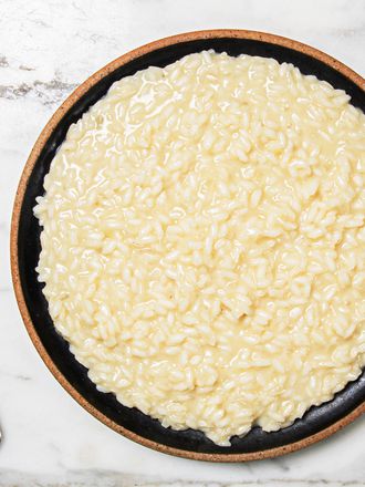 Overhead view of plate of risotto