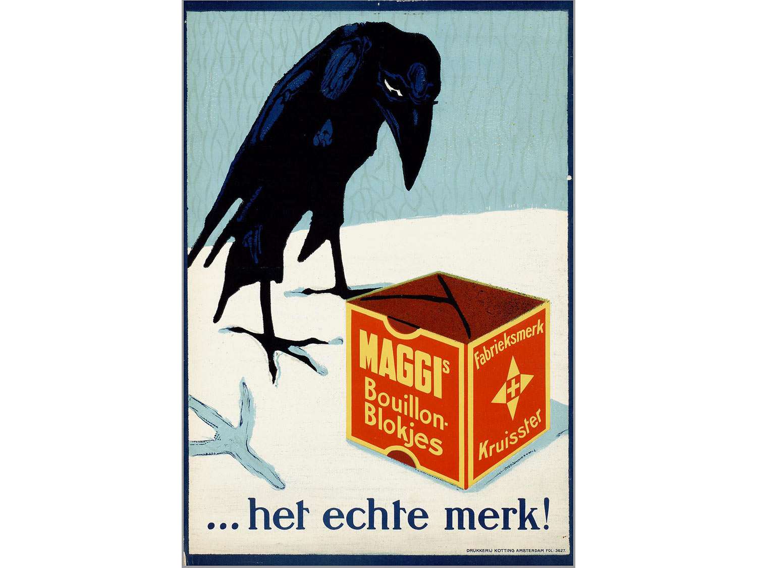 A Dutch advertisement for Maggi brand bouillon cubes. A looming raven stares inscrutably at the featured cube, which lies upon a snow-covered patch of ground under an indifferent slate blue sky.
