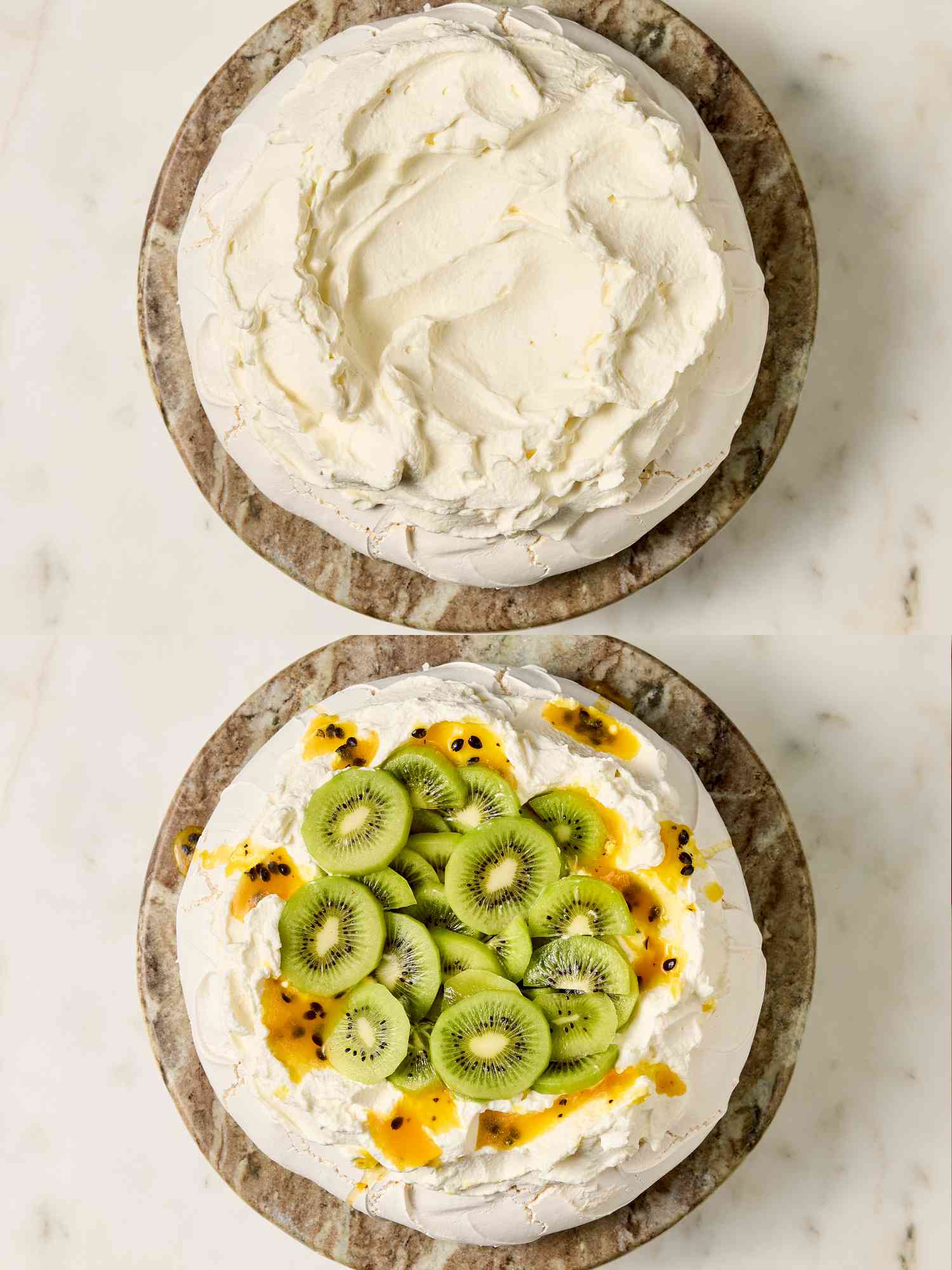 2 image collage. Top: pavlovla with whipped cream on top. Bottom: fruit topping the pavlova