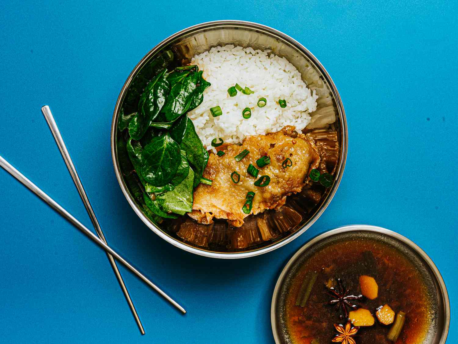 Overhead view of braised pork chops