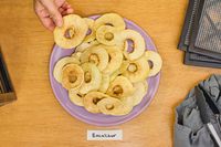 A person holding a food sample laid out on a plate