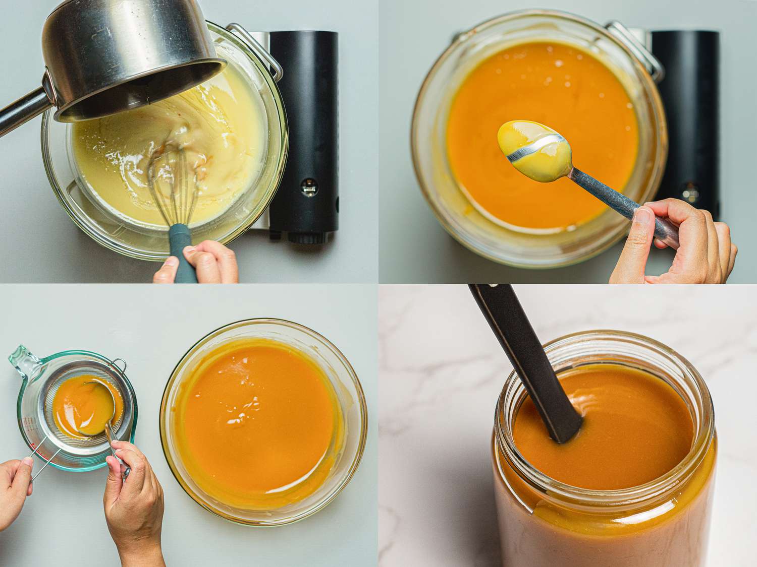 Four image collage of adding coconut oil syrup to kaya mixture, cooking, straining and placing into jar