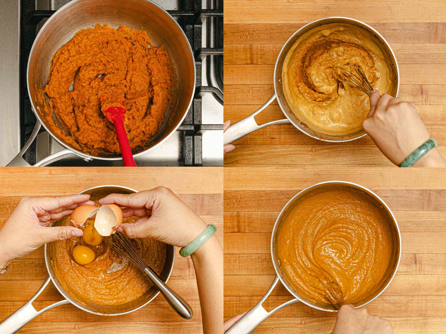 Steps for preparing pancake batter with pumpkin eggs and stirring in a pot and mixing bowl