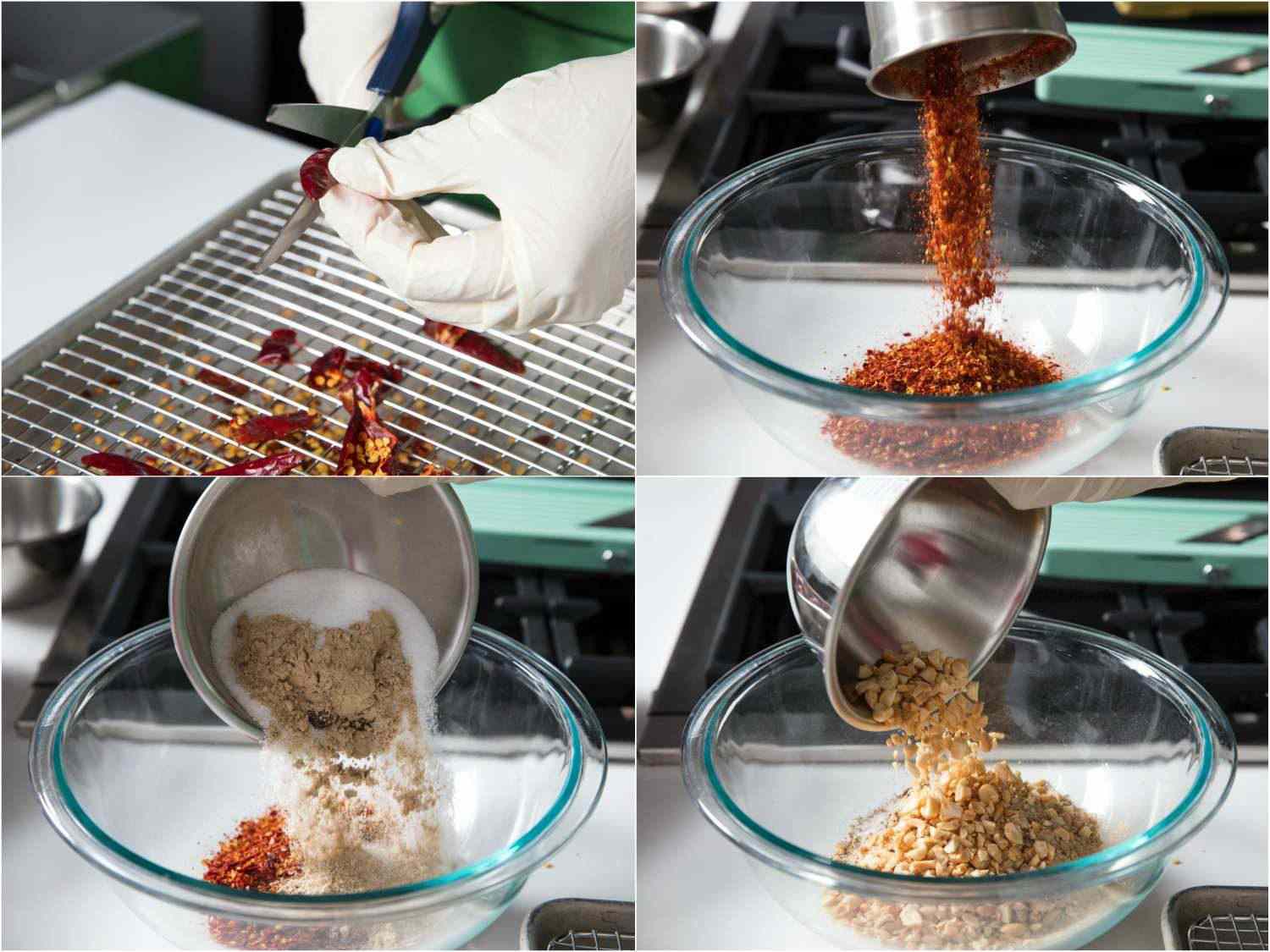 A 4-image collage: dried chile peppers being de-seeded, dried chiles ground into flakes, spices added to dried chiles, peanuts added to dried chiles.