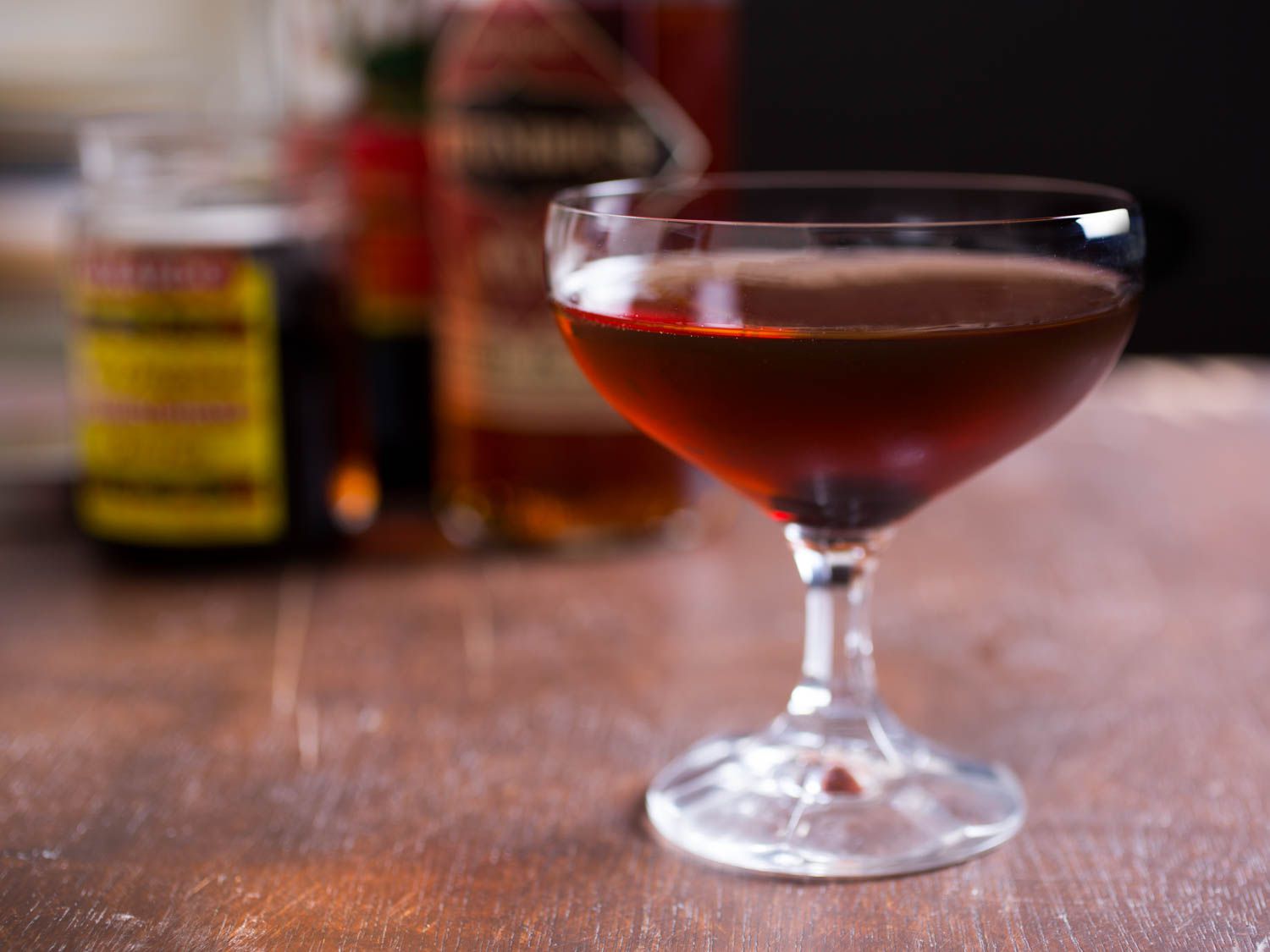 A man about town cocktail, served in a coupe glass.