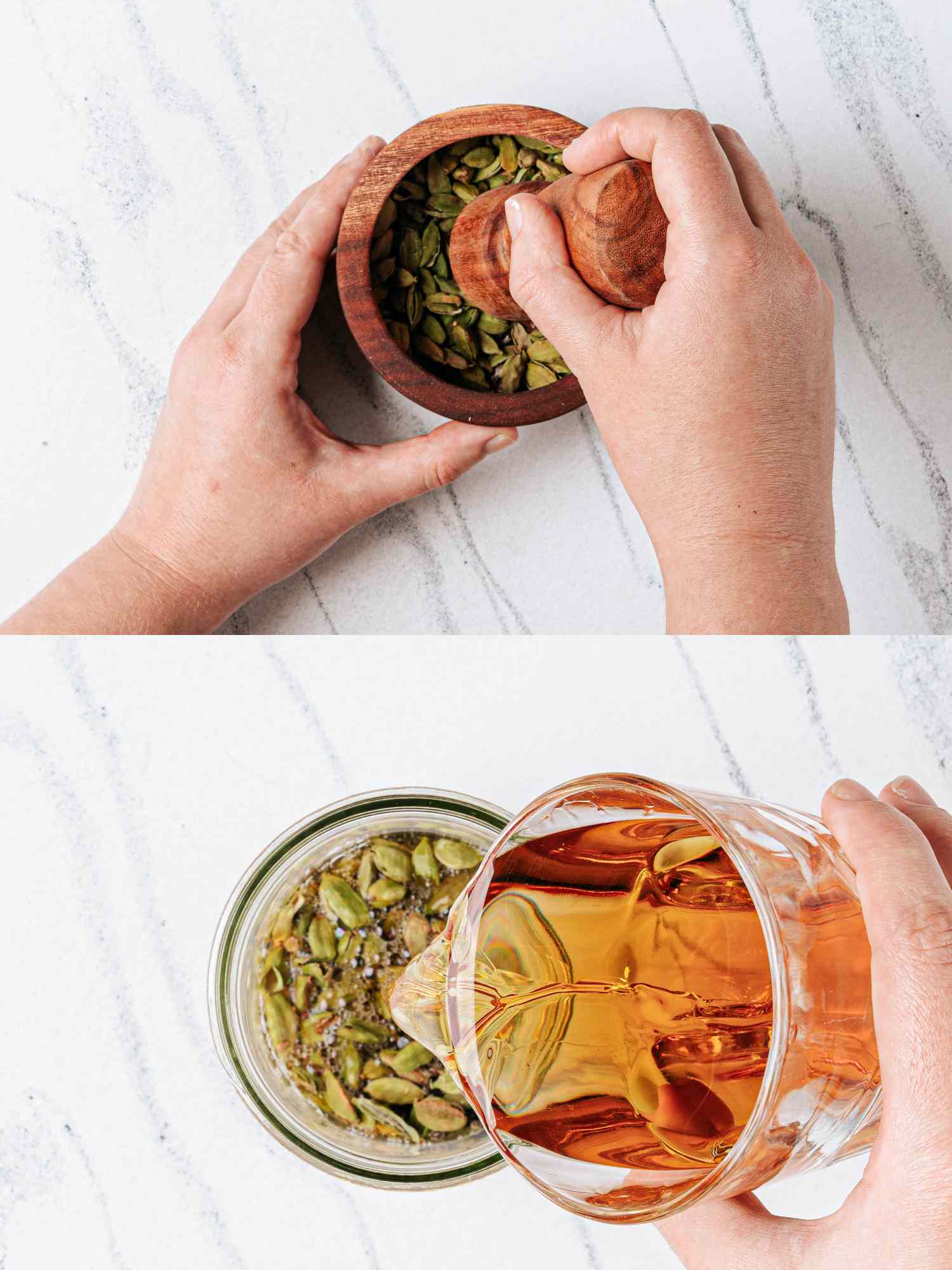 Two steps of cocktail preparation crushing cardamom pods in a mortar and pouring liquid into a glass with spices
