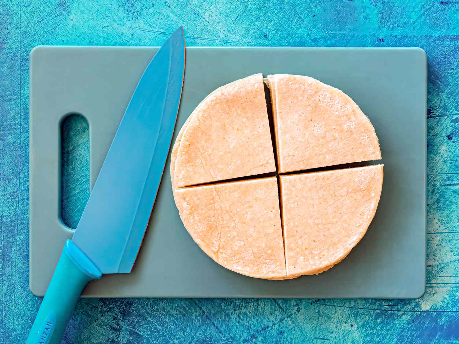 Overhead view of tortillas quartered