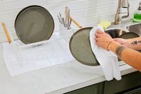A person using a white bar mop to dry a plate.