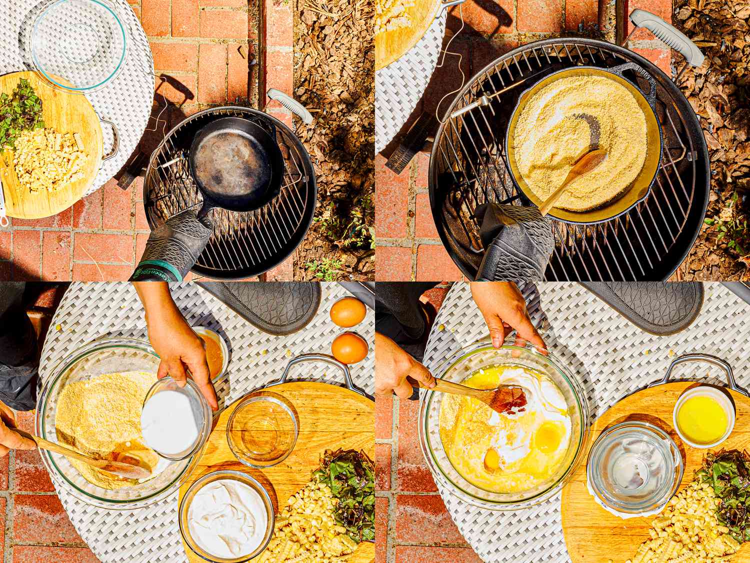 Four image collage of prepping cornbread mixture