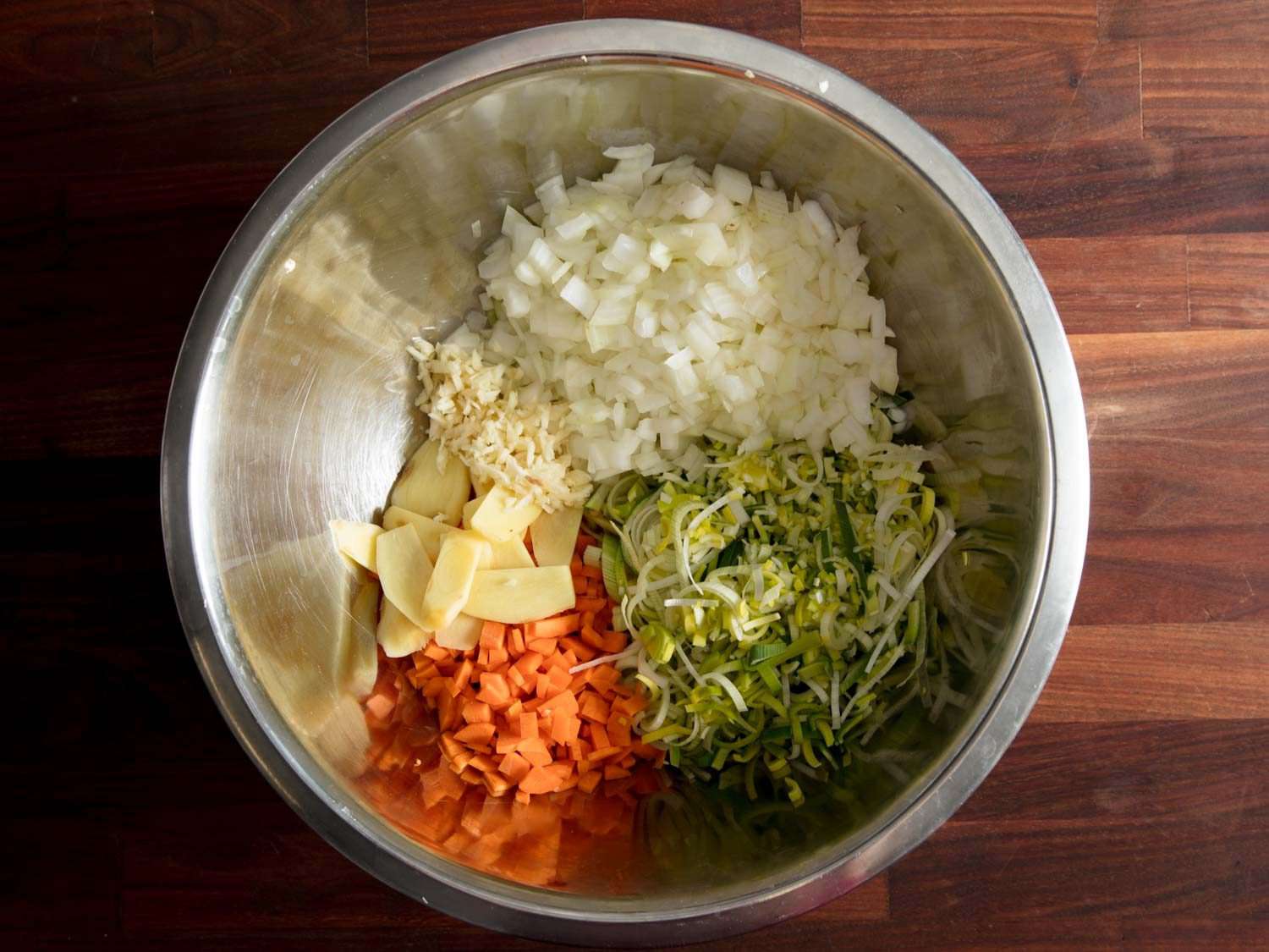 Diced and thinly vegetables for chintan shoyu ramen broth.