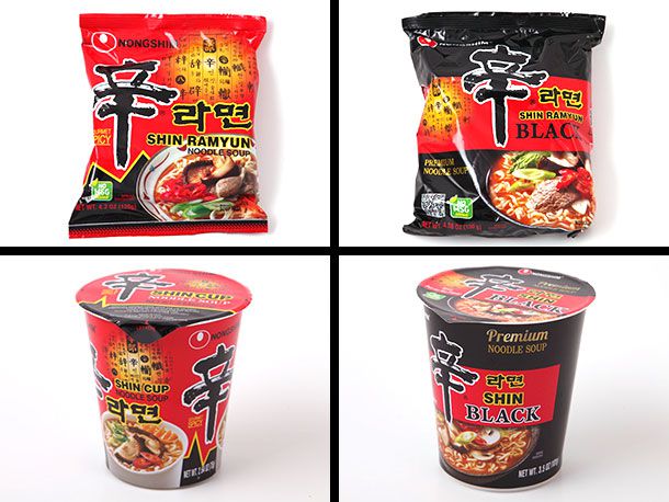 Four different Shin Ramyun: the top two are in packages, the bottom two in cups. 