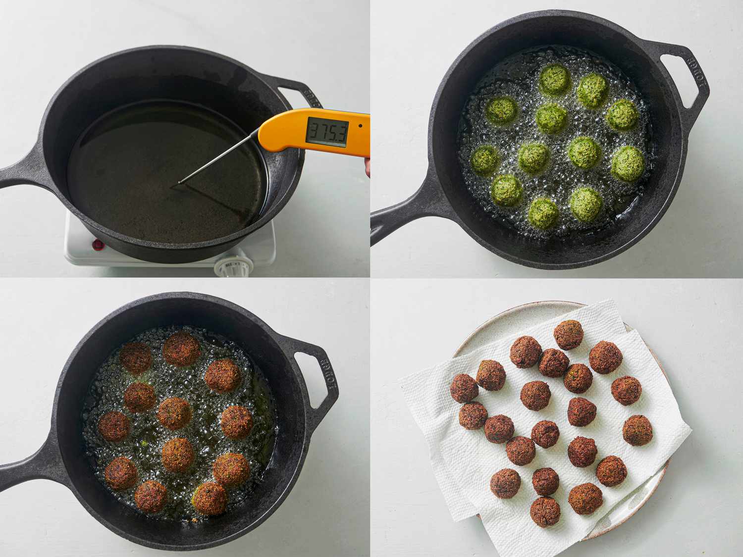 Thermometer inserted into oil inside deep cast iron skillet, chickpea balls in oil, and chickpea balls transferred to paper towel-lined plate.
