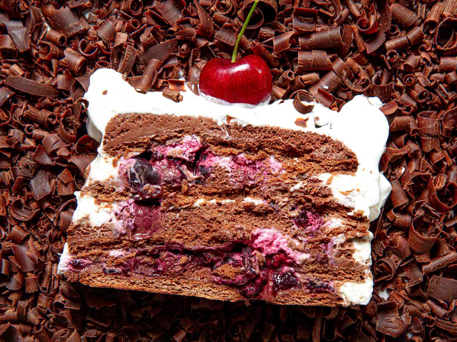 Overhead view of black forest icebox cake