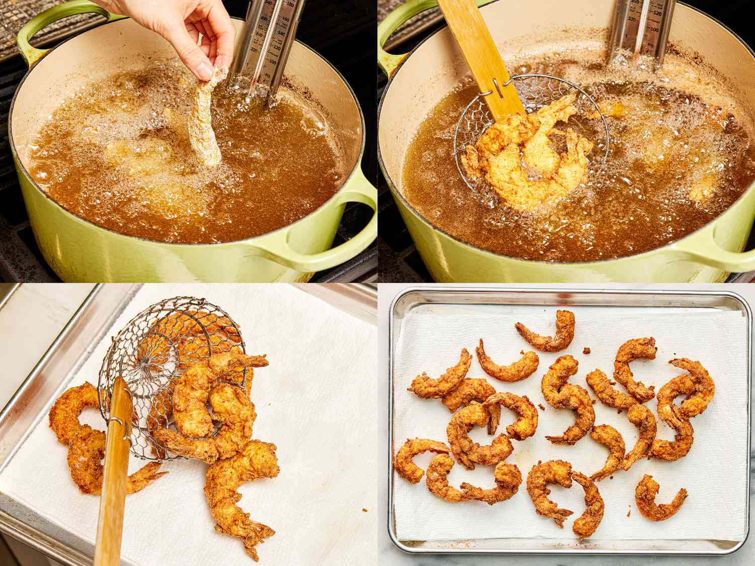 4 image collage. Top Left: Dipping shrimp into heated oil in dutch oven. Top Right: taking fried shrimps out of oil with spider spoon. Bottom Left:Transferring shrimp onto sheet pan lined with paper towel. Bottom Right: Shrimp resting on paper towel on sheetpan 