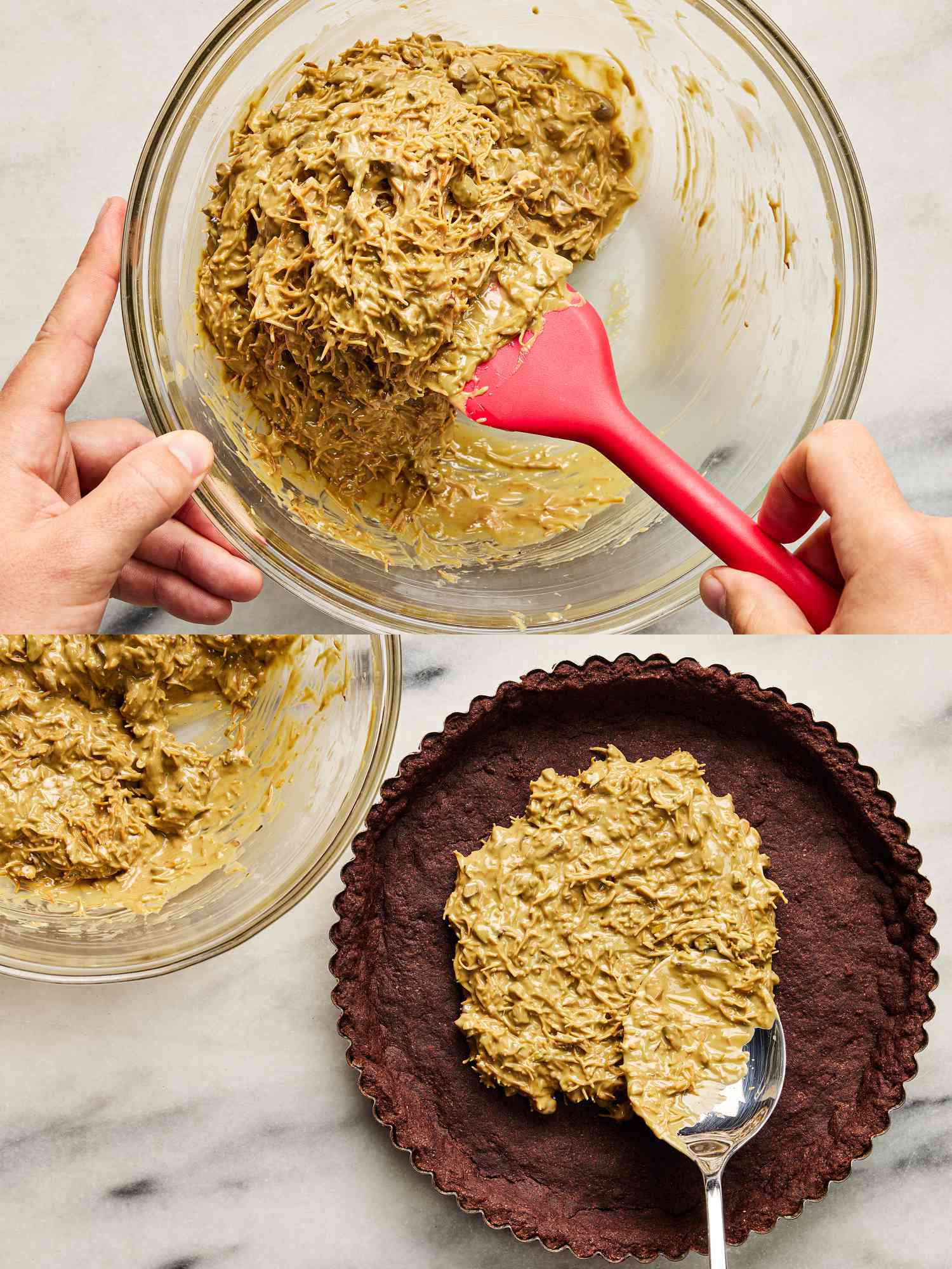 2 image collage. Top: Kataifi being folded in with pistachio paste, tahini, and salt. Bottom: pistachio paste mix being spread into chocolate tart crust with a spoon 