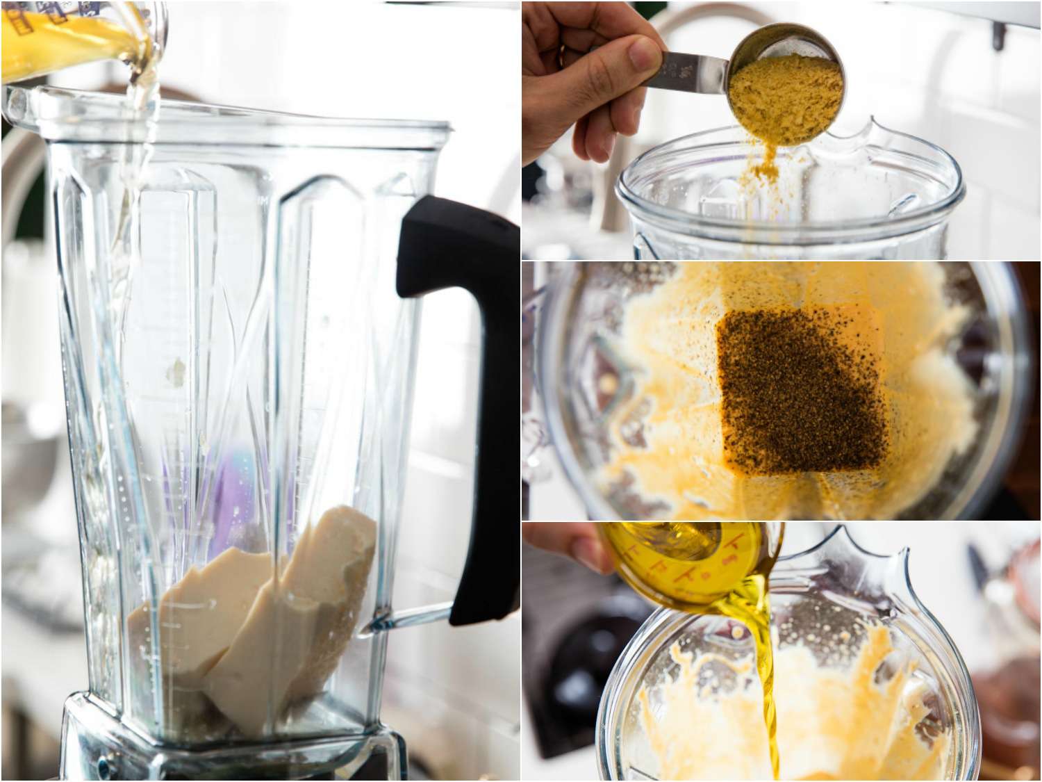A four-image collage of the sauce ingredients being added to a blender: tofu, sauerkraut brine, and nutritional yeast. The last image shows olive oil being drizzled into the running blender.