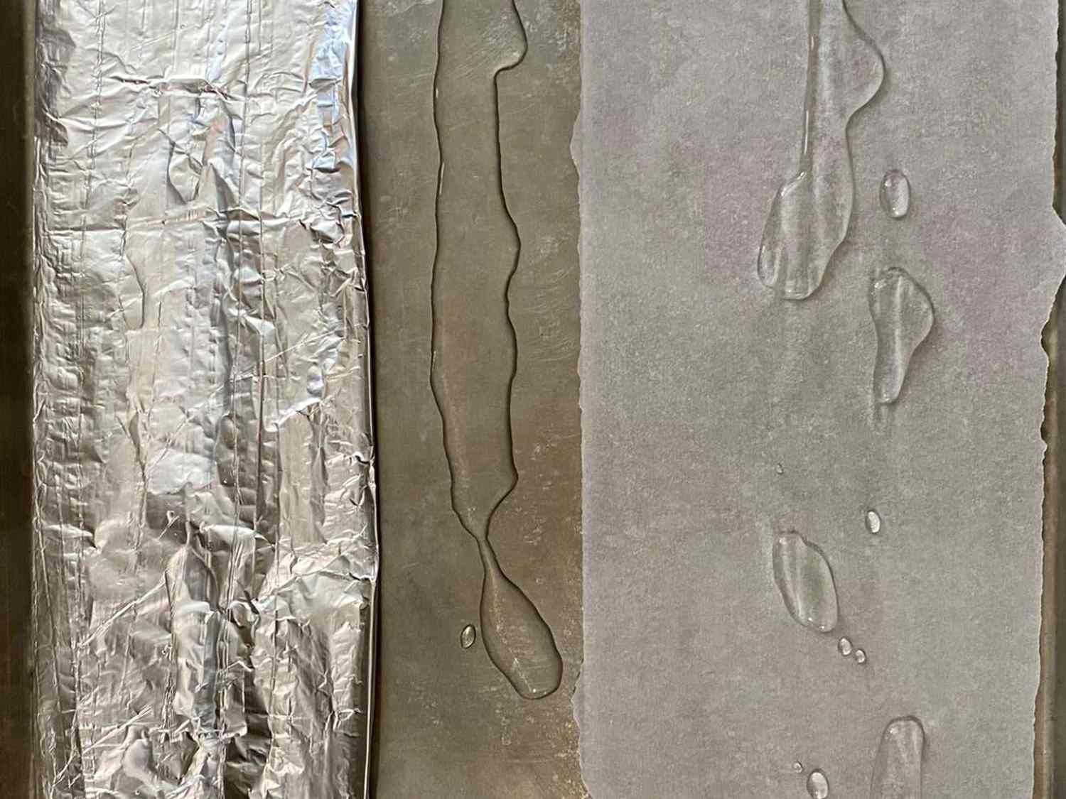 Two types of tray linings aluminum foil on the left and parchment paper with oil or liquid traces on the right