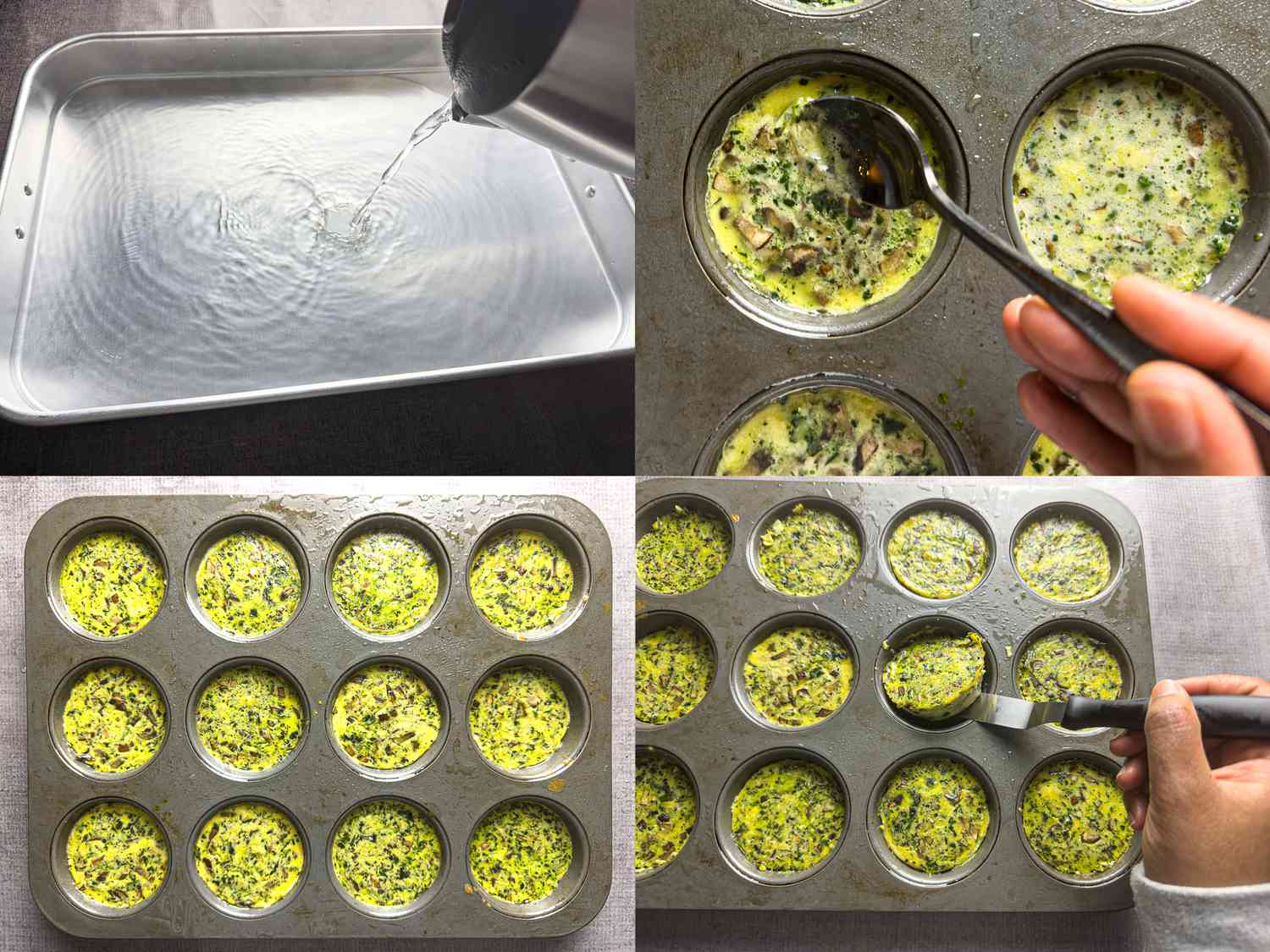 4 image collage. Top left: pouring water over pan. Top Right: stirring egg bites in tin when half cooked. Bottom Left: Fully cooked egg bites in muffin tin. Bottom Right: Removing Egg bites from tin