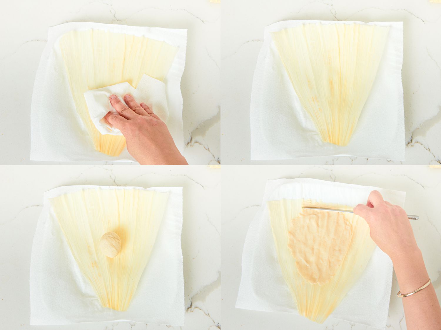 Four image collage of filling tamales with masa