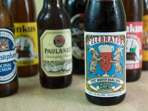 A collection of German beers on a table. 