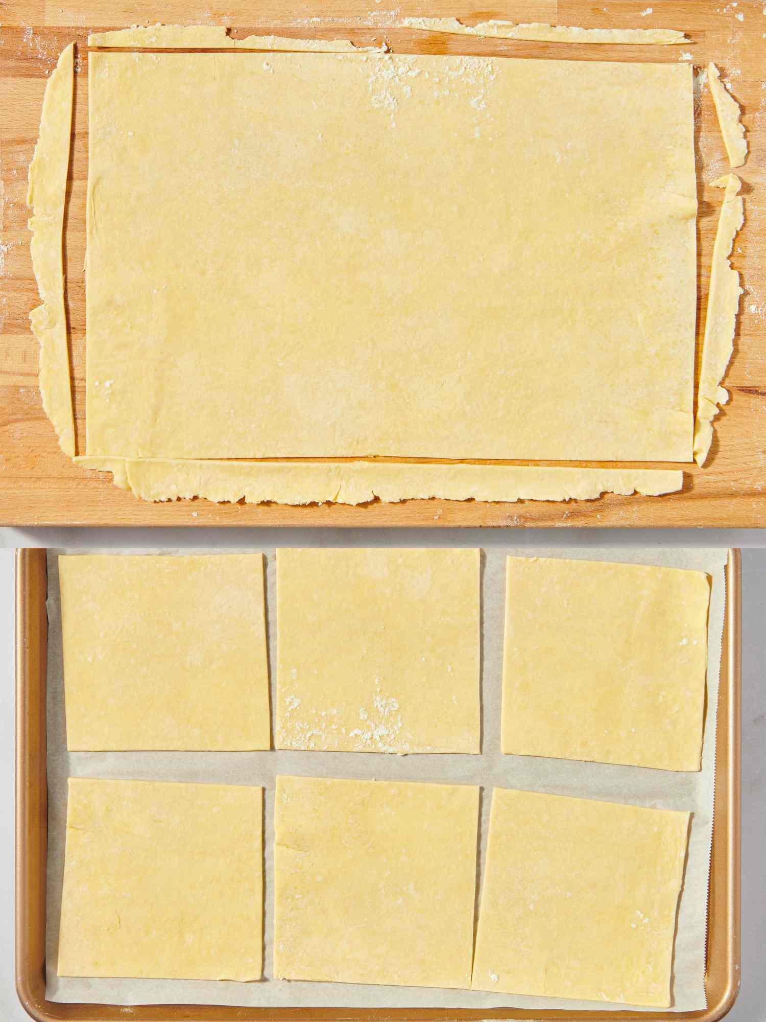 Dough cut into rectangular pieces on a cutting board and baking sheet
