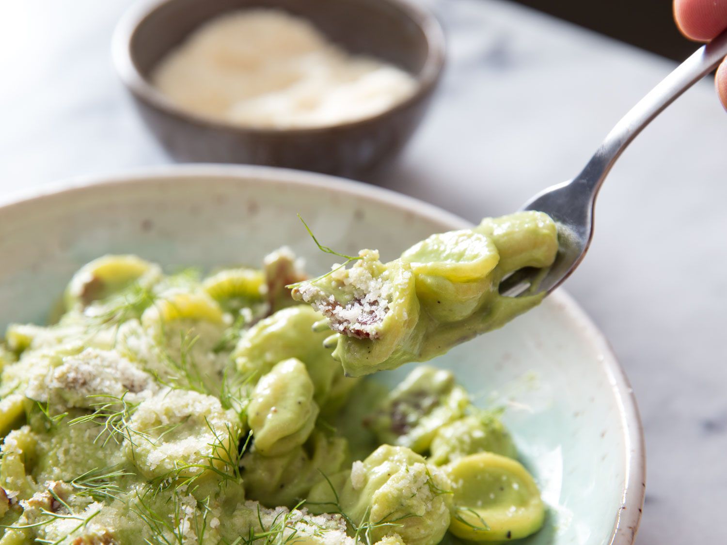 Picking up a forkful of orecchiette.