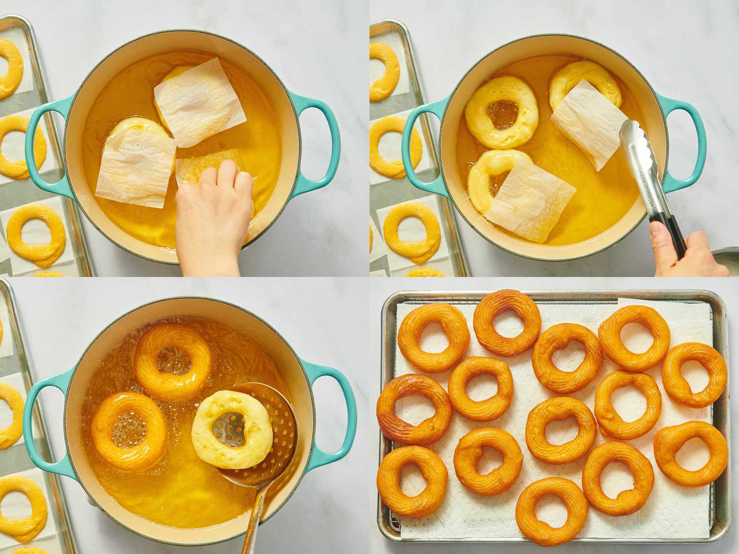 Sequence showing French crullers being fried and placed on a tray