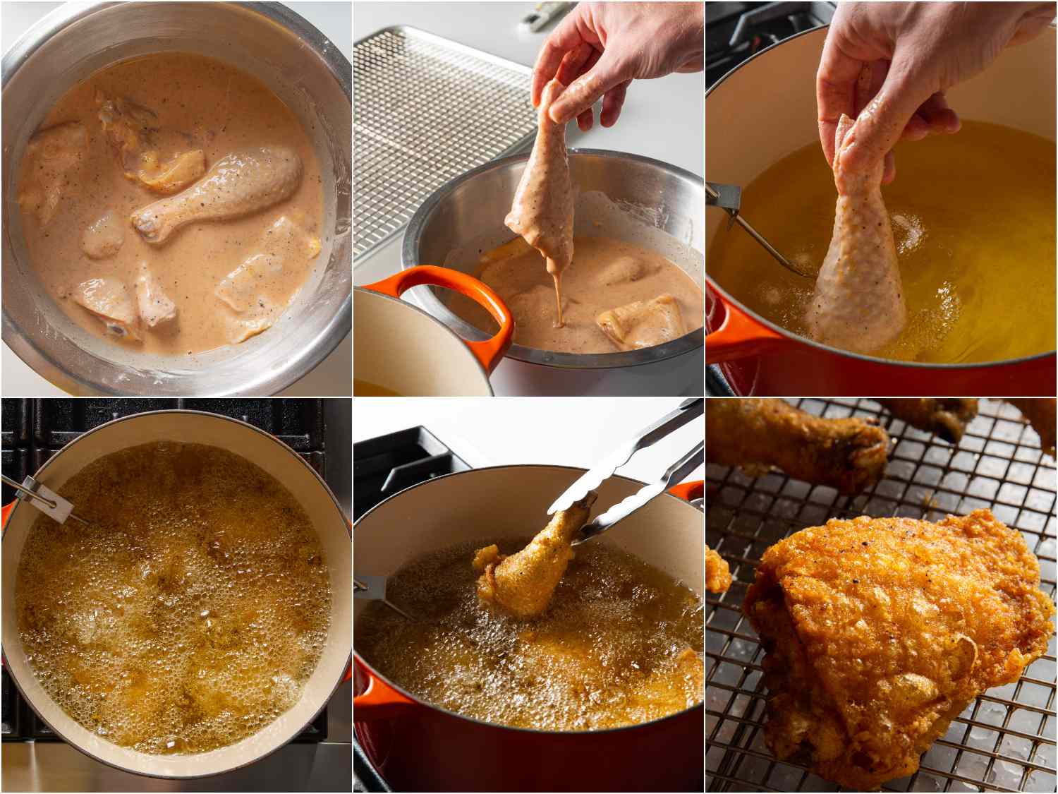 Collage of battering and frying brined chicken pieces
