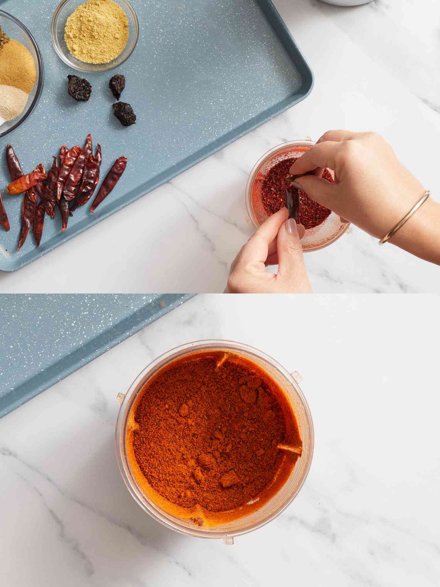 2 image collage. Top: Crumbling chili in bowl with fingertips. Bottom: spices ground until pulverized in a bowl on a white surface 