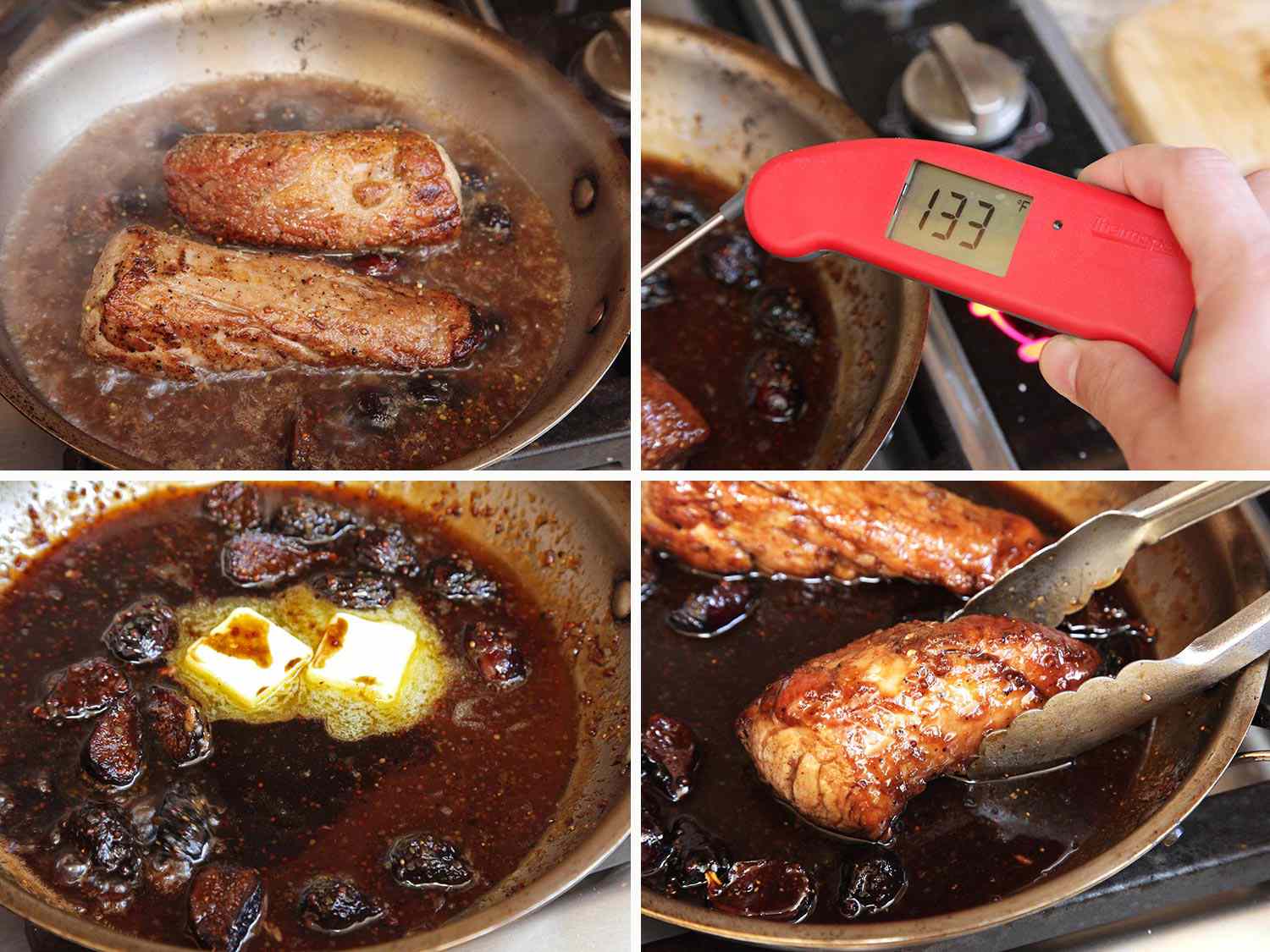 A 4-image collage: pork tenderloin simmering in the bourbon fig glaze, a thermometer inserted into the meat reading 133 degree Faraheit, adding butter to the glaze, and adding the pork back into the skillet to glaze.