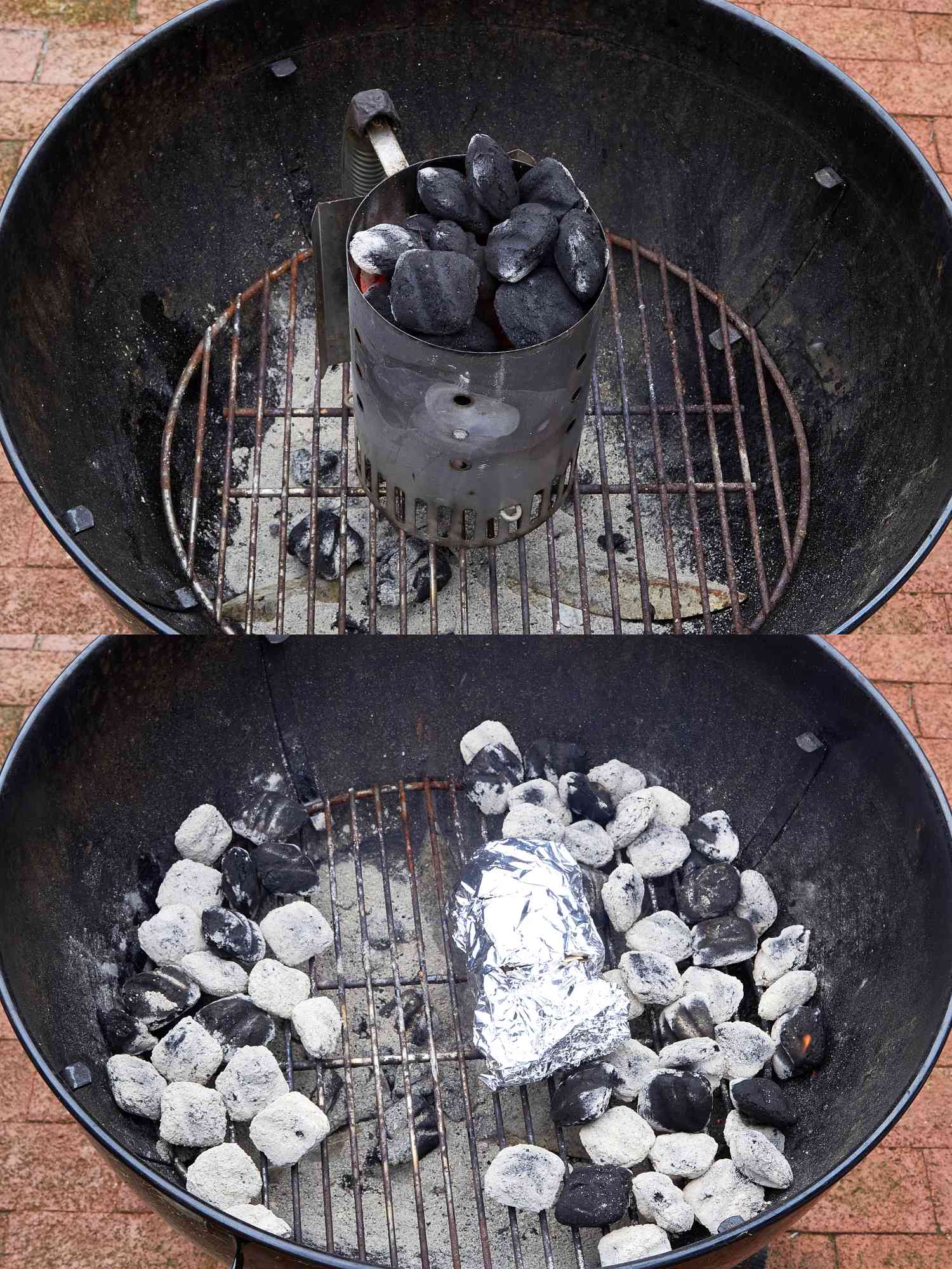 Charcoal preparation in a grill, with a chimney starter in the top and distributed coals on the bottom in a two-step process