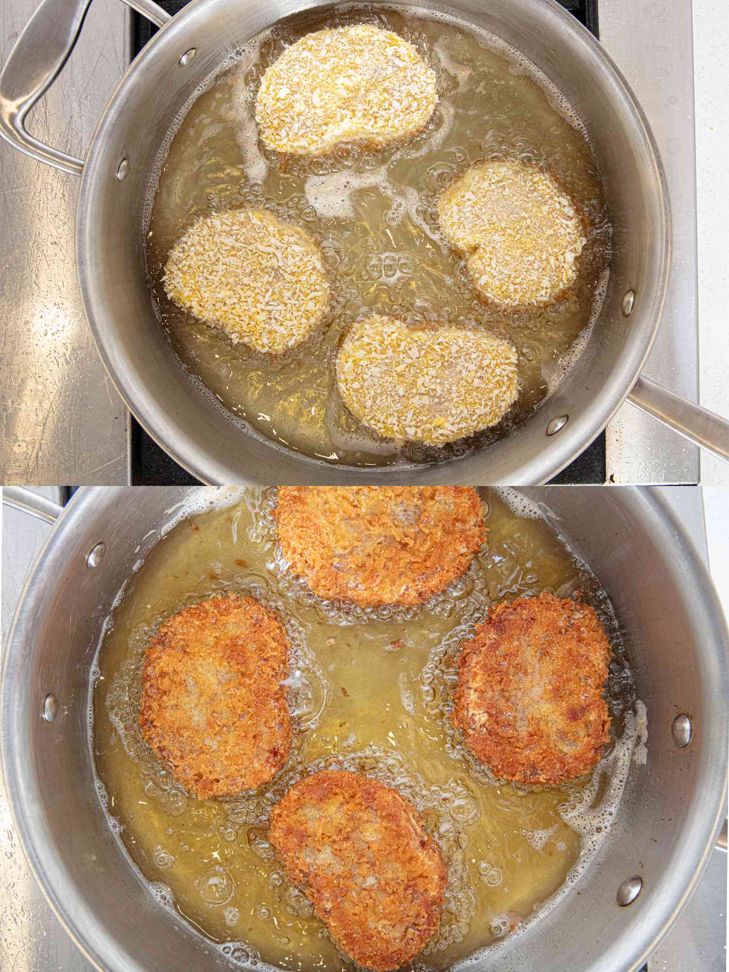 Two image collage of frying pork