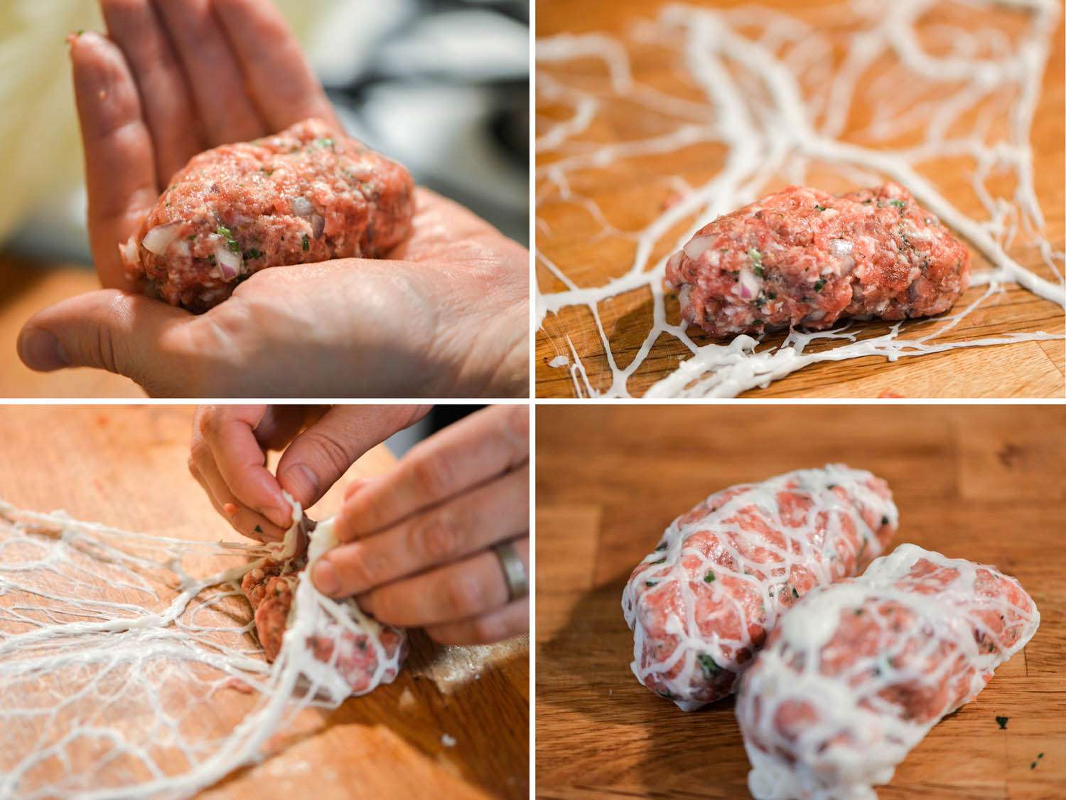 Collage of sheftalia mixture being formed into cylinders and wrapped in caul fat.