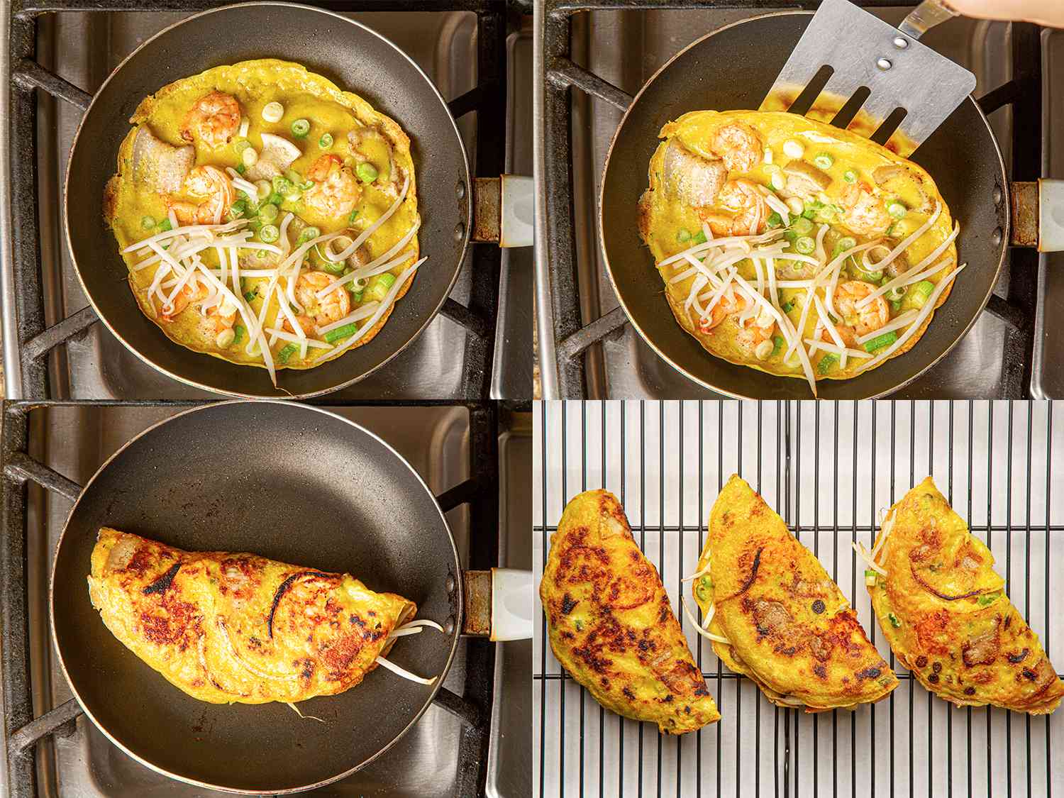 Four image collage of an overhead view showing edges of banh xeo pulling away from sides of pan, a spatula sliding under banh xeo, banh xeo mixture folded in half over the bean sprouts, and 3 banh xeo resting on a wire rack