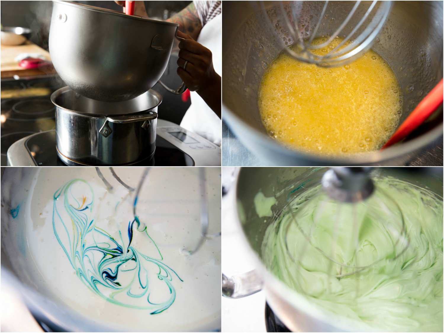 Collage showing the eggs being heated and whipped, and the food coloring going into the filling base
