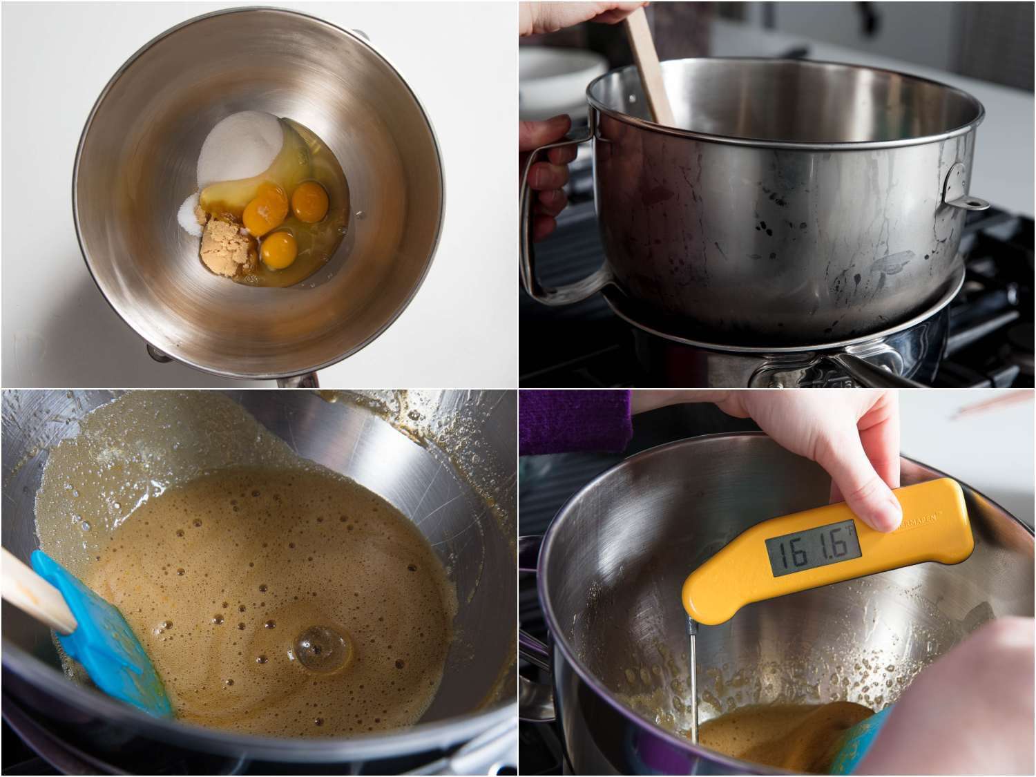 A collage: combining egg and sugar in a the bowl of a stand mixer, warming egg mixture and taking temperature of the mixture.