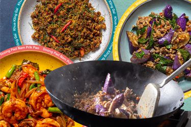 Collage of three Thai stir-fry dishes and eggplant being tossed in a wok