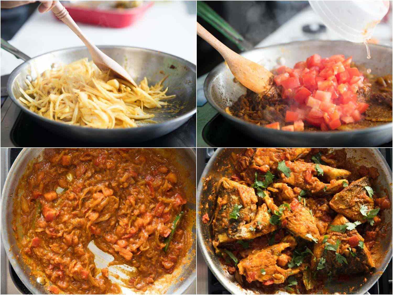 Sautéing onions, blooming spices in oil, adding tomatoes, finishing tomato curry with fish.