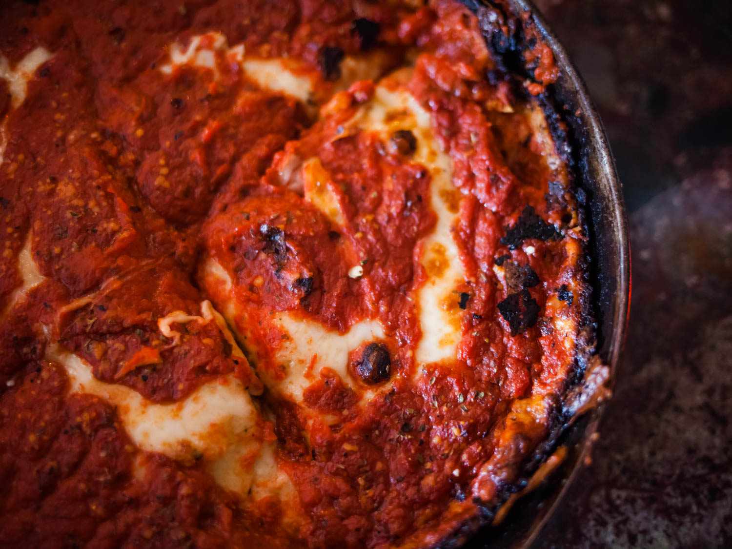 Overhead view of a deep dish pizza at Pequod's.