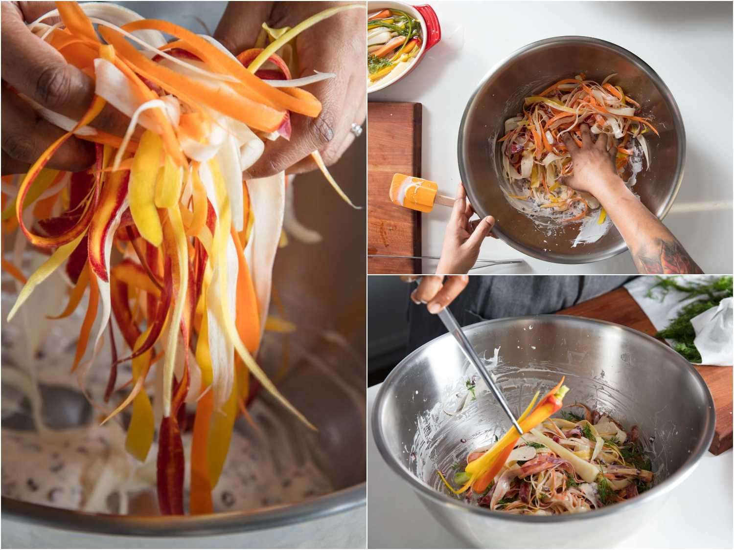 tossing carrot strips in dressing