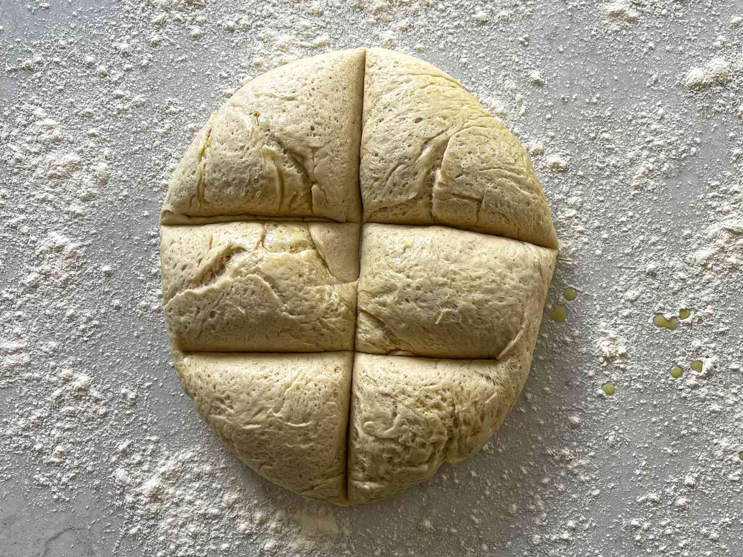 Dough divided into 6 sections