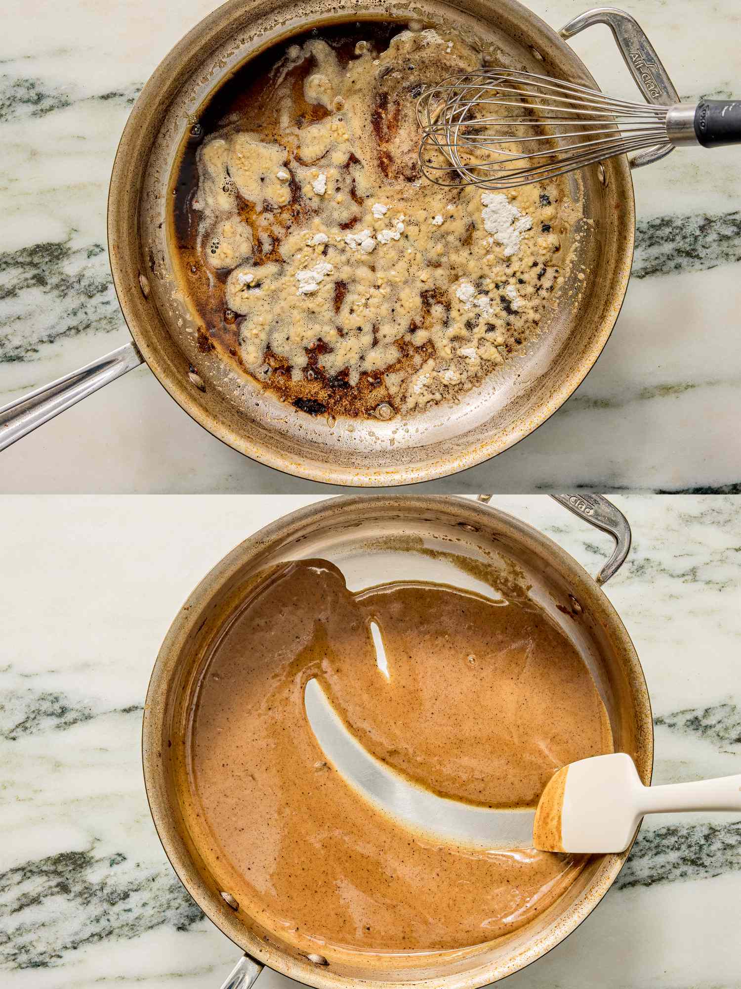 Two images of a cooking process in a saucepan one with whisked ingredients and the other with a smooth sauce spread using a spatula
