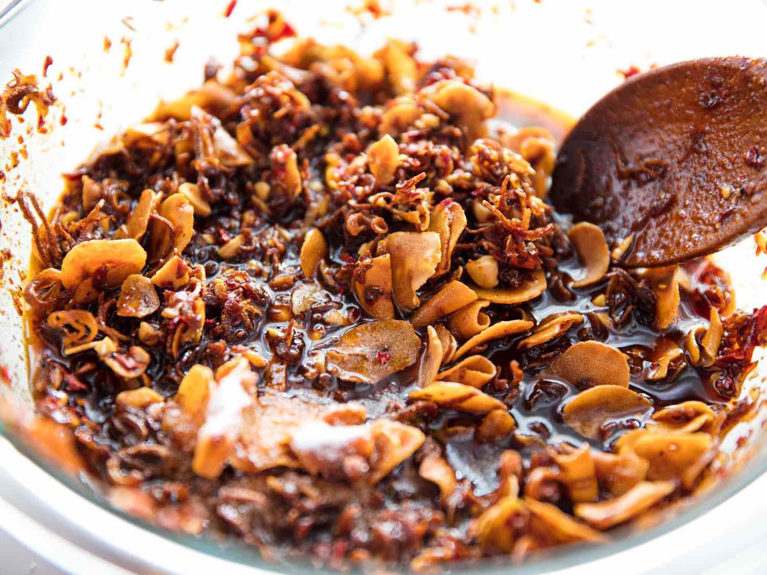 Close up view of a bowl of homemade chili crisp.
