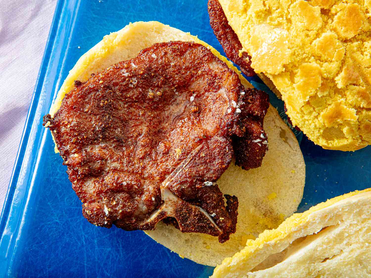 Overhead view of pork chop sandwich