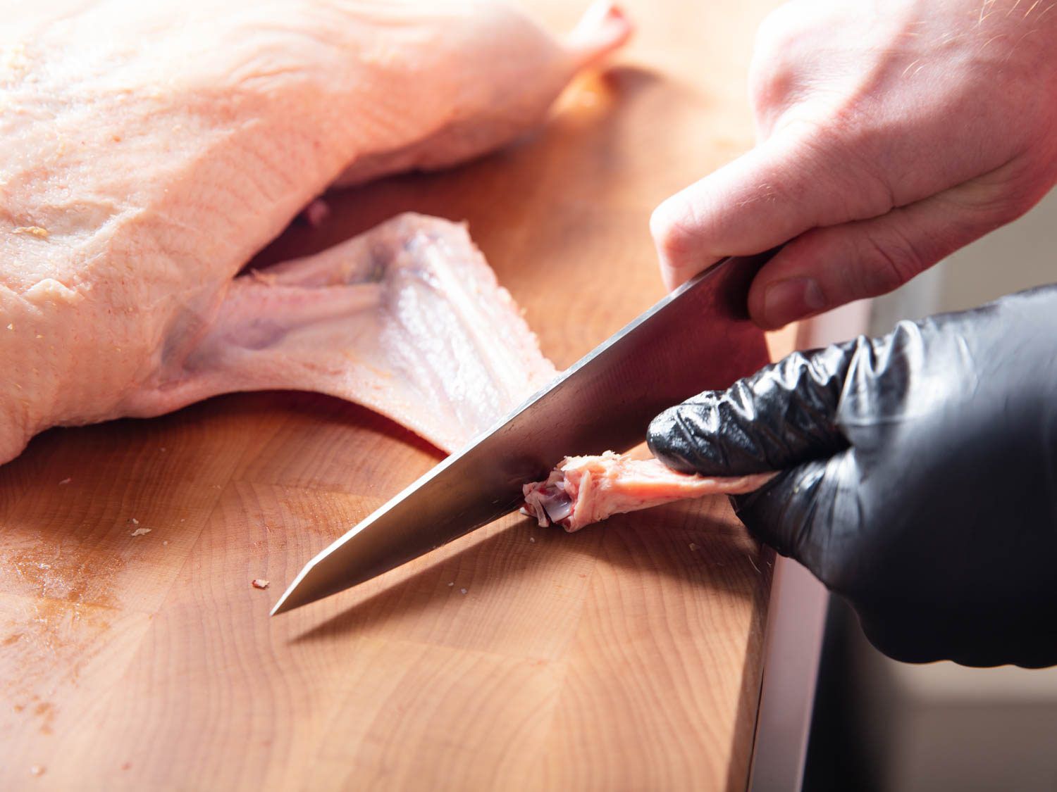Closeup side view of removing wing tip from a whole duck.
