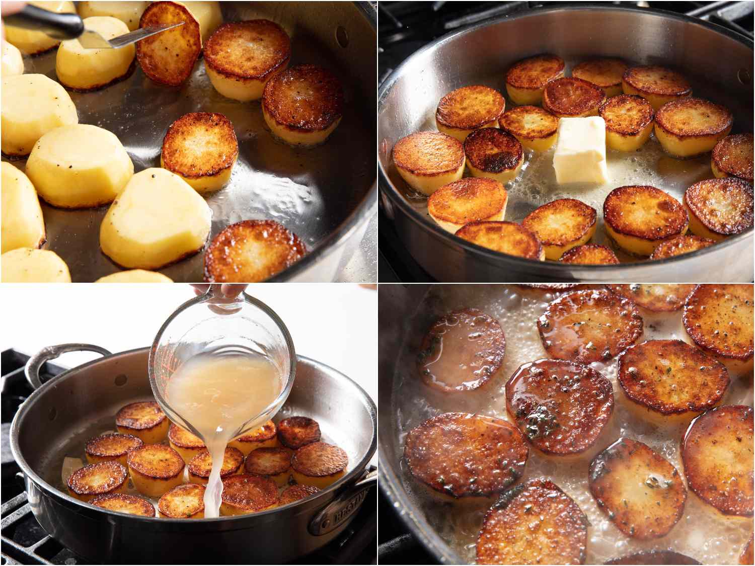 Turning browned potatoes in pan, adding butter, aromatics, and chicken stock.