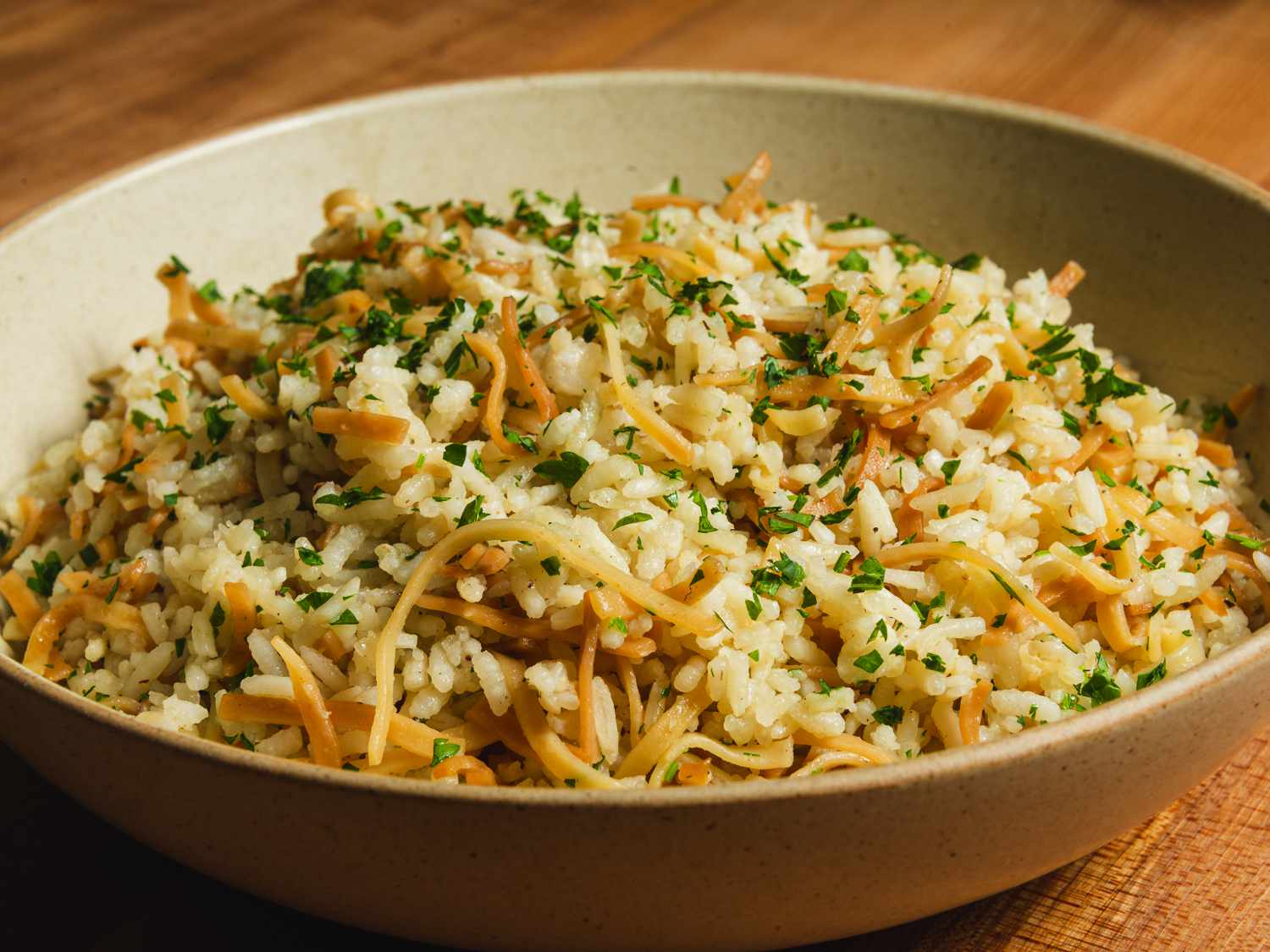 Side view of plated rice pilaf