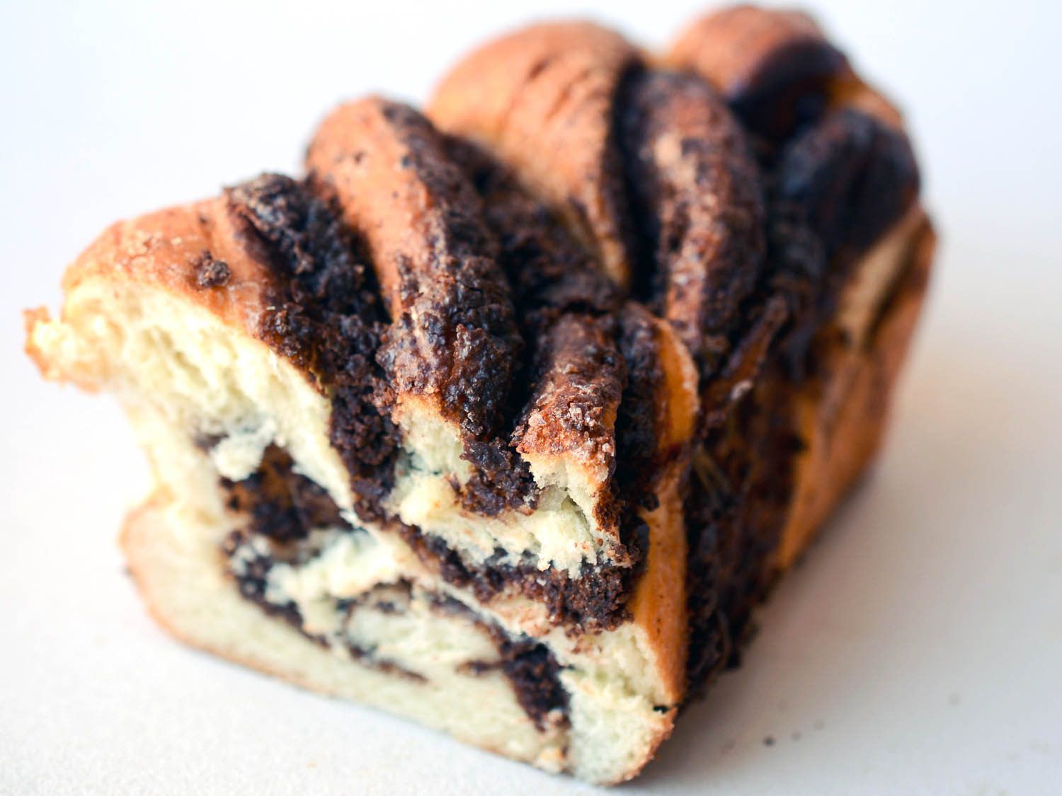 Cross section of chocolate babka.