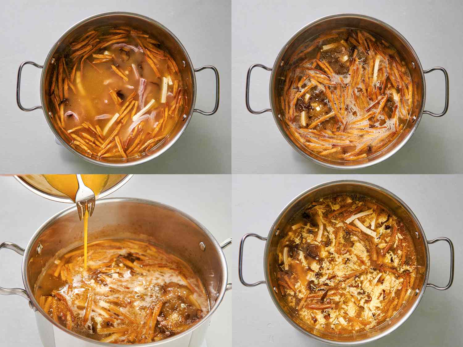 A four-image collage. The top left image shows wood ear mushrooms, day lily bulbs, tofu, and slivered pork added to the brothÂ in a pot. The top right image shows the contents of the pot simmering. The bottom left image shows beaten egg being slowly drizzled into the simmering pot. The bottom right image shows the contents of the pot with the eggs now cooked and set.
