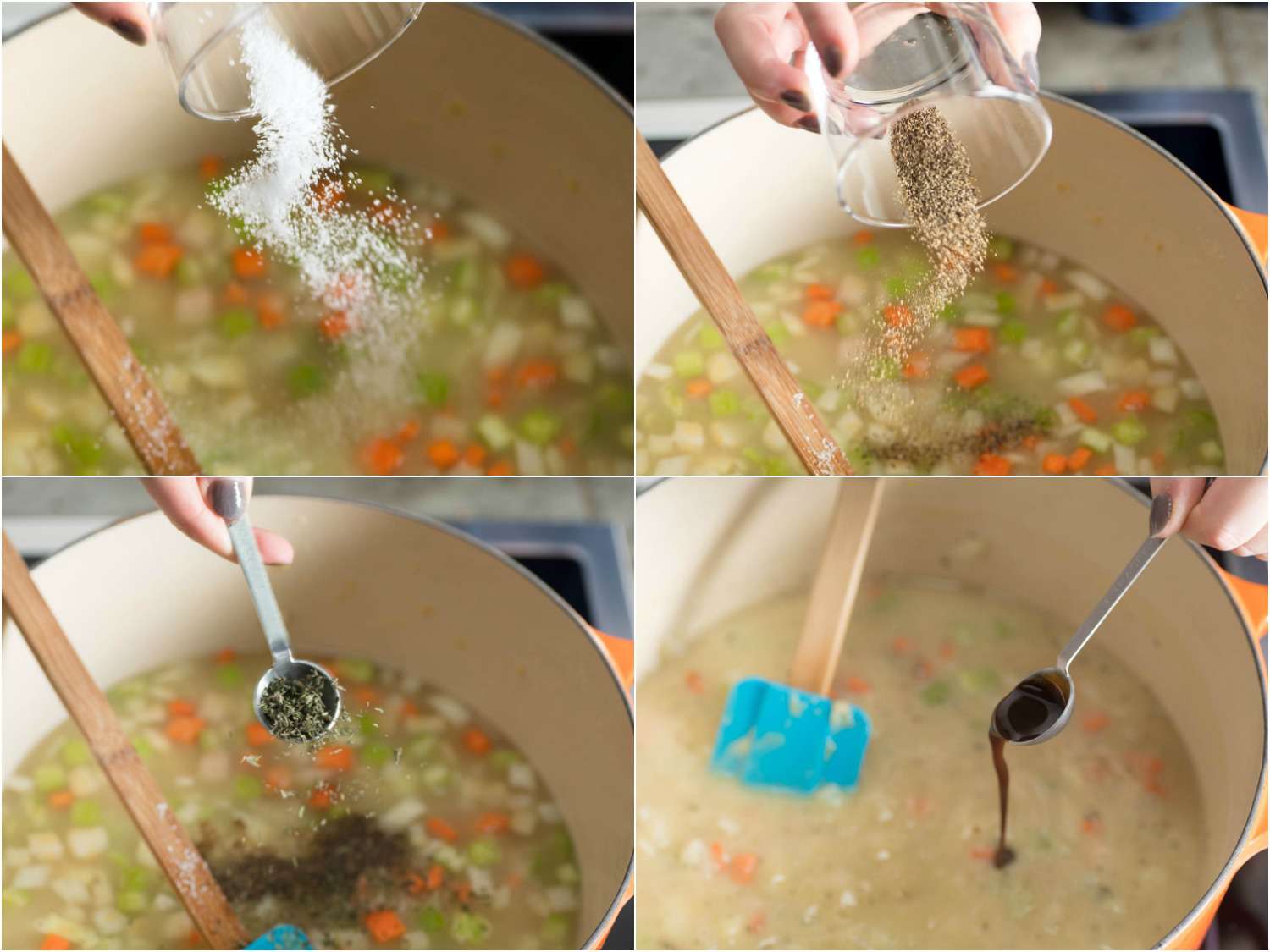 A 4-image collage: adding salt, pepper, thyme leaves and Worcestershire sauce in chicken pot pie filling. 